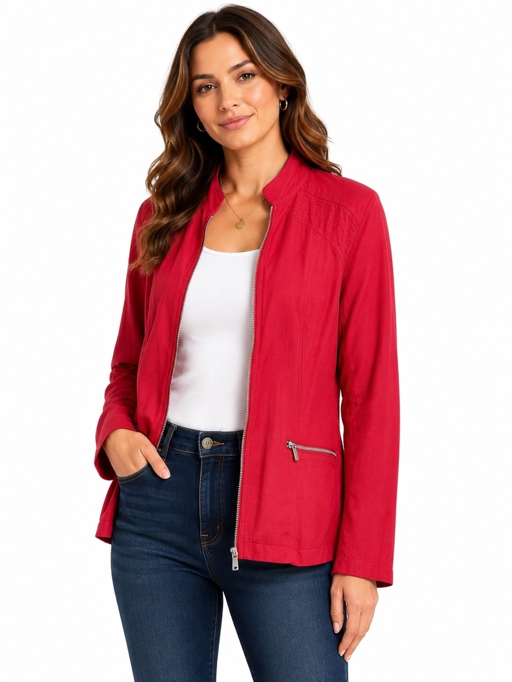 Chico's Lightweight Zip Front Jacket Red Utility Moto Style Sz 3